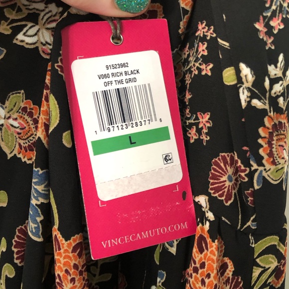 Vince Camuto Women's Floral Rich Black Off The Grid Peasant Mini Dress Size L - Picture 9 of 12